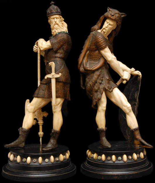https://www.liveauctioneers.com/item/9565128 Pair of large Continental ivory and bronze warriors (est. $80,000-$100,000). Image courtesy of Elite Decorative Arts.